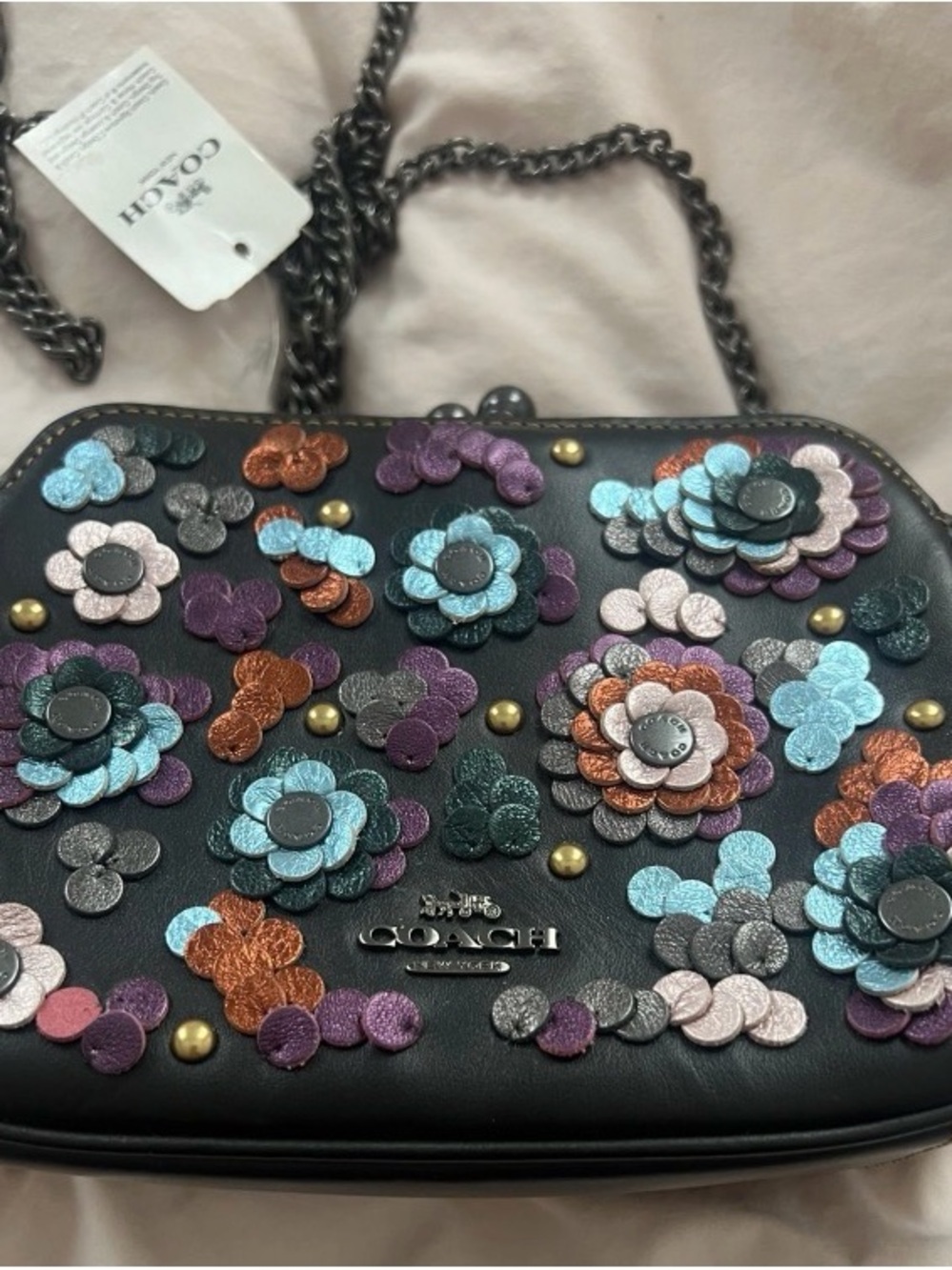 COACH Pearl Kisslock TEA ROSE Floral Leather Sequin Crossbody F80193 NWT - Picture 11 of 16